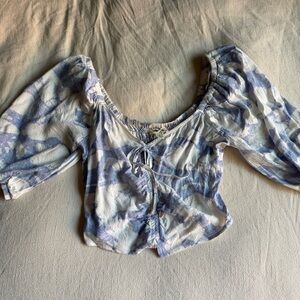 Blue and white tie front, puff sleeve top